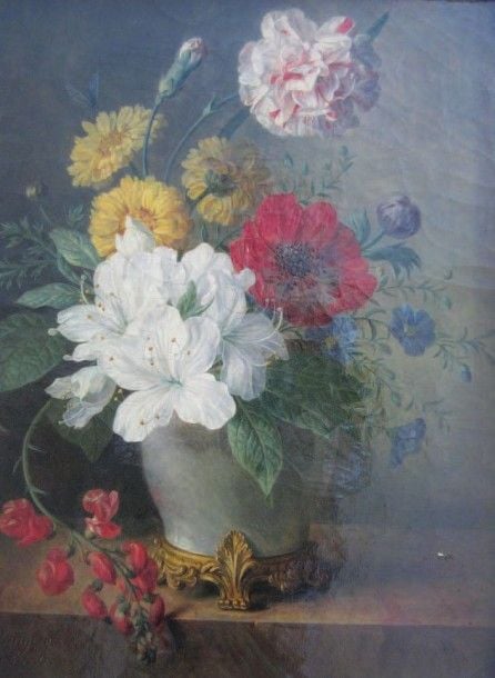 Vase de porcelaine de Chine monté sur bronze doré avec oeillets, coquelicots et autres fleurs Huile sur toil