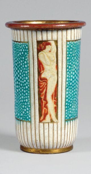Vase en céramique à corps cylindrique sur talon et col plat ourl