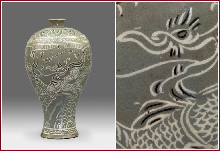VASE EN GRES A COUVERTE CELADON ET DECOR INCRUSTE D’ENGOBES, MAEBYONG
