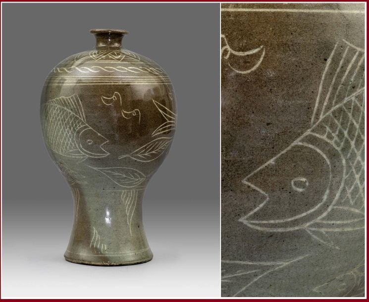VASE EN GRES AUX POISSONS DE TYPE PUNC'HONG / BUNCHEONG, MAEBYONG