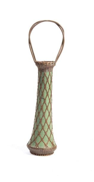 Vase fin émaillé vert, avec structure pour ikebana avec une poignée fixe tisé