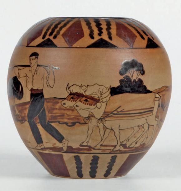 VASE GLOBULAIRE en grès à décor d'une scène tournante d'un couple basque dans un paysage, et de deux boeufs basque
