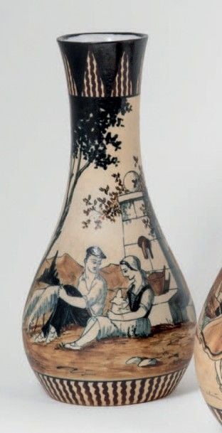 VASE PIRIFORME en grès à décor de deux jeunes paysans à la fontain
