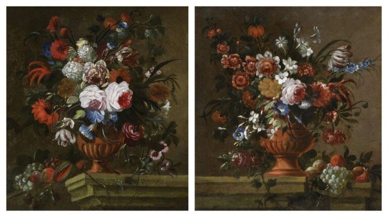Vases de fleurs sur un entablement de pierre Deux huiles sur cuivre formant pendant 27 x 24 cm chaque Nos deux cuivres se rattachent à l'oeuvre de Gaspar Pieter Verbruggen dit le Vieux, élève de Cornelis Mahu et maître à la guilde Saint-Luc d'Anvers depuis 1649-165