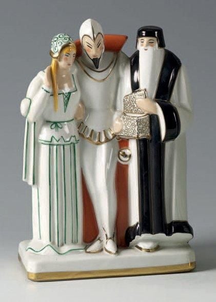 Veilleuse/brûle-parfum à trois personnages dont Méphisto, polychrome en biscuit vernissé, signé Hau