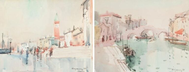 Venise, 1949 Paire d'aquarelles, signées et datées en bas à droite 19,5 x 25,5 cm (à vue) Les deux: Two watercolors signed, dated lower right