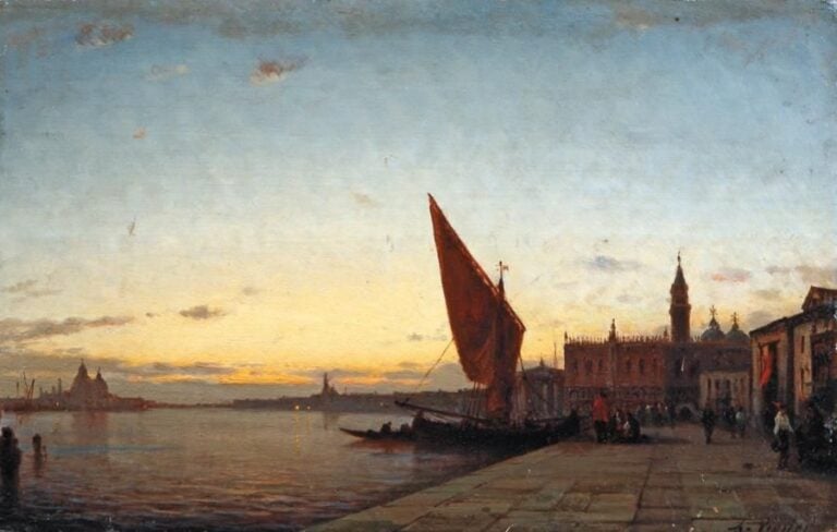 Venise au crépuscule, les quais Huile sur panneau, signée en bas à droite 26,5 x 42 cm