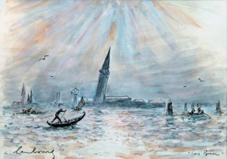 VENISE, VERS BURANO Gouache et mine de plomb sur papier Signée en bas à gauche, titrée en bas à droite Contresignée et annotée au dos: «Plus penchée que la tour de Pis