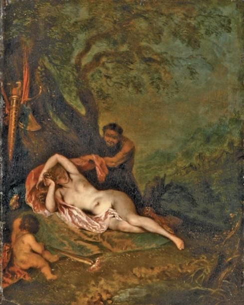 « Vénus endormie, épiée par un satyre » Huile sur panneau parqueté (sans cadre) 26 x 21 cm Provenance: - Collection Nogare