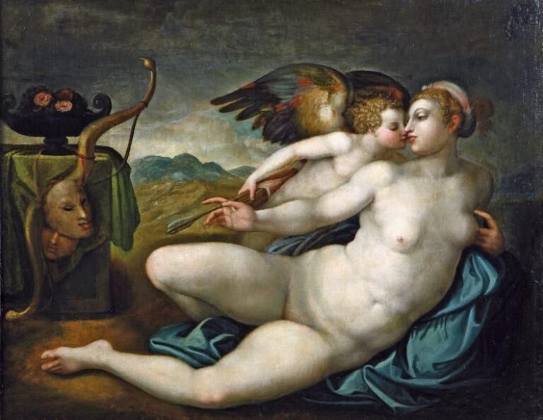 Vénus et Cupidon Huile sur toile (usures et restaurations) 72,8 x 92,5 cm Provenance: - Collection Solpay - Collection privée (*)