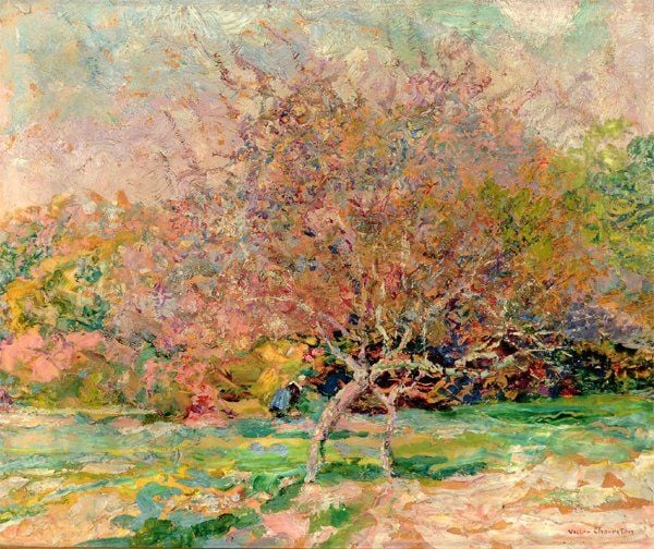 « Verger au printemps » Huile sur carton, signée en bas à droite