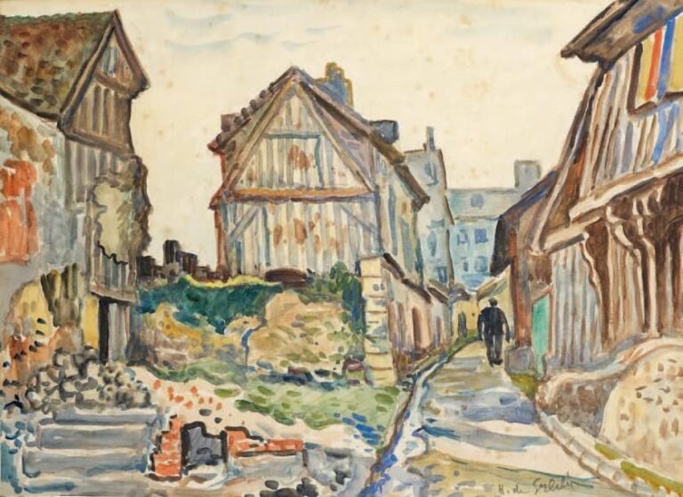 Vieille rue à Honfleur Aquarelle, signée en bas à droite 29 x 41 cm