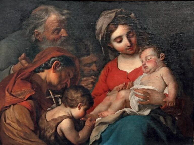 «VIERGE À L'ENFANT AVEC SAINTE ANNE, SAINT JEAN BAPTISTE ET SAINT JOACHIM» Huile sur toile (restaurations anciennes, soulèvements et manques) 73,5 x 100 cm