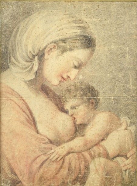 Vierge à l'enfant / Maternité Fusain et sanguine sur papier 52 x 38 cm (à vue) (pliure centrale, nombreuses rousseurs)
