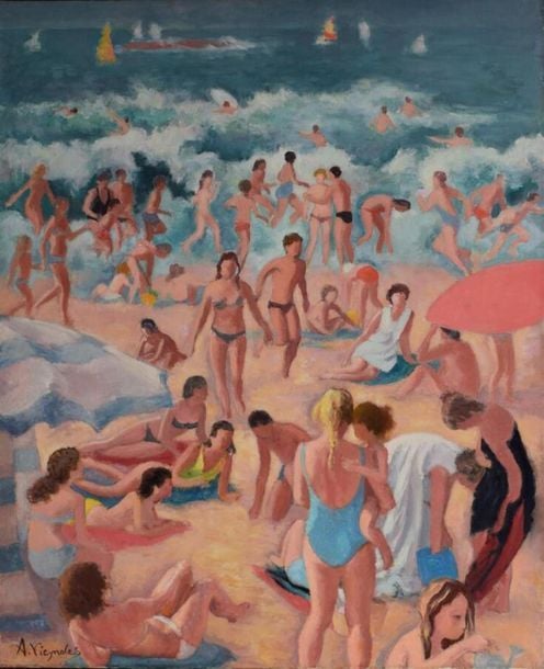 VIGNOLES André (1920-2017) "La plage de Biarritz" huile sur toile signée en bas à gauche - 92,5x73,5