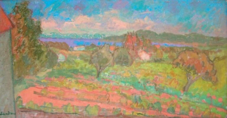 Village au bord de l'eau Huile sur contreplaqué Signée en bas à gauche 47 x 93 cm