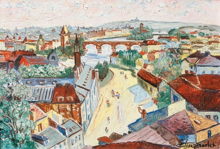 VILLAGE AU PONT Huile sur panneau, signée en bas à droite et située « Les Prages » au dos 18 x 26 cm