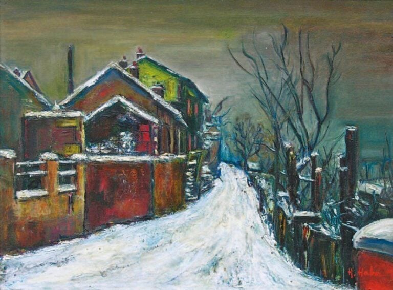 Village en hiver Huile sur toile Signée en bas à droite 46 x 61 cm