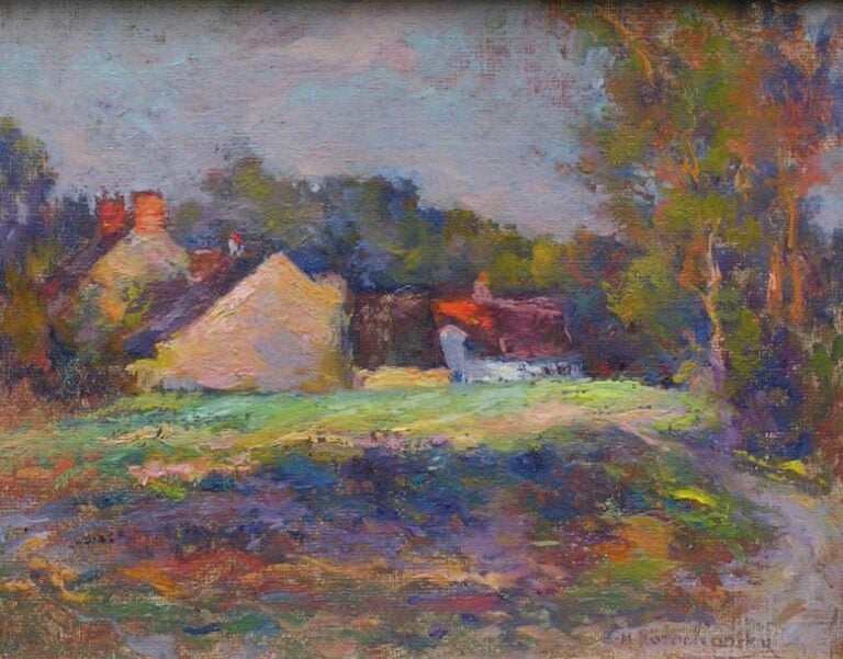 Village Huile sur carton Signée en bas à droite 19 x 24 cm