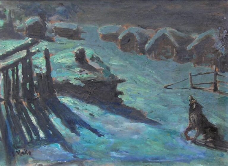 Village russe en hiver Huile sur isorel signée en bas à gauche 62,5 x 80 cm