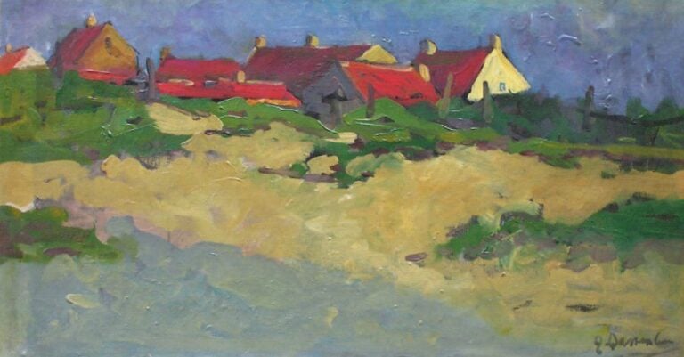 Village russe Huile sur toile Signée en bas à droite 35 x 65 cm