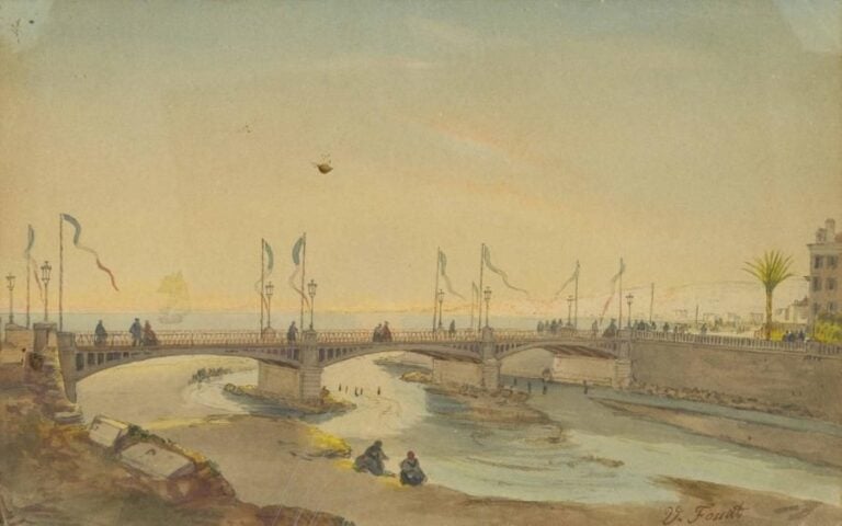 Vincent FOSSAT Le pont des anges pavoisé Aquarelle sur papier Signée en bas à droite 17 x 26 cm