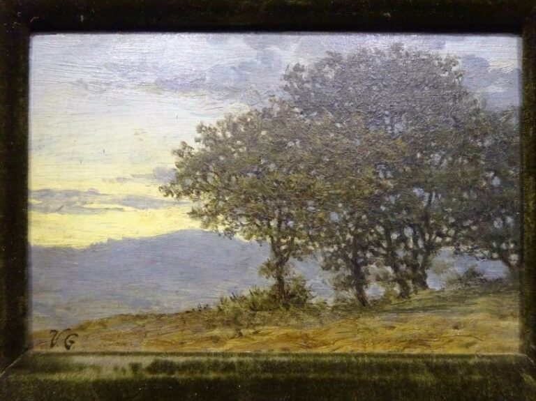 Vittorio GRASSI (1878-1958)  Coucher de soleil aux arbres Huile sur panneau Monogrammée en bas à gauche 10 x 15,5 cm (à vue)