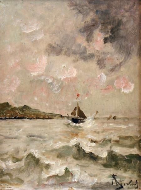 VOILIER EN PLEINE MER Huile sur panneau, signée en bas à droite Dédicacée au dos et datée 1897 18 x 14 cm