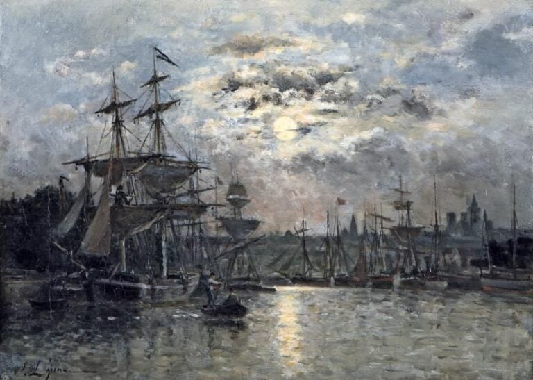 Voiliers à Rouen, effet de lune Huile sur toile, signée en bas à gauche Ancien rentoilage 38 x 53 cm