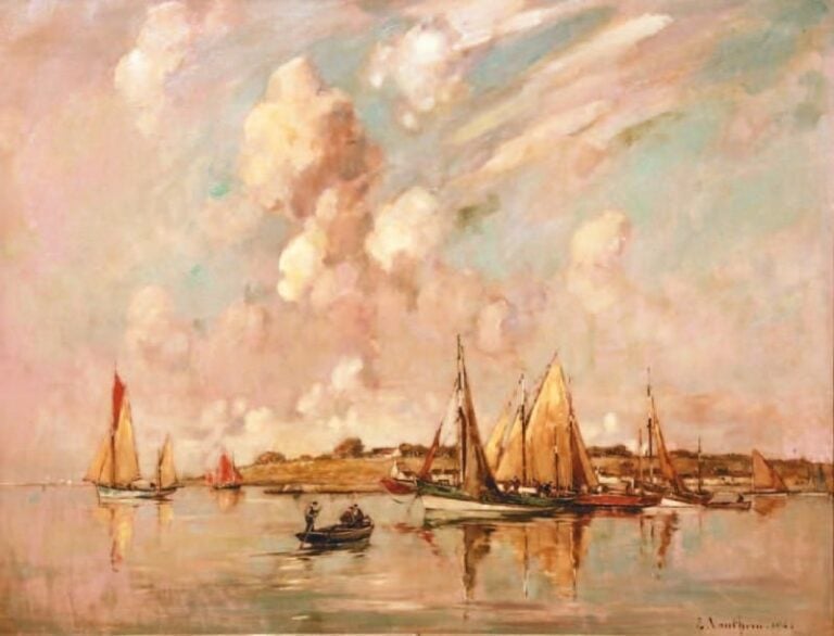 Voiliers au mouillage Huile sur toile signée en bas à droite datée 1941 50 x 65 cm