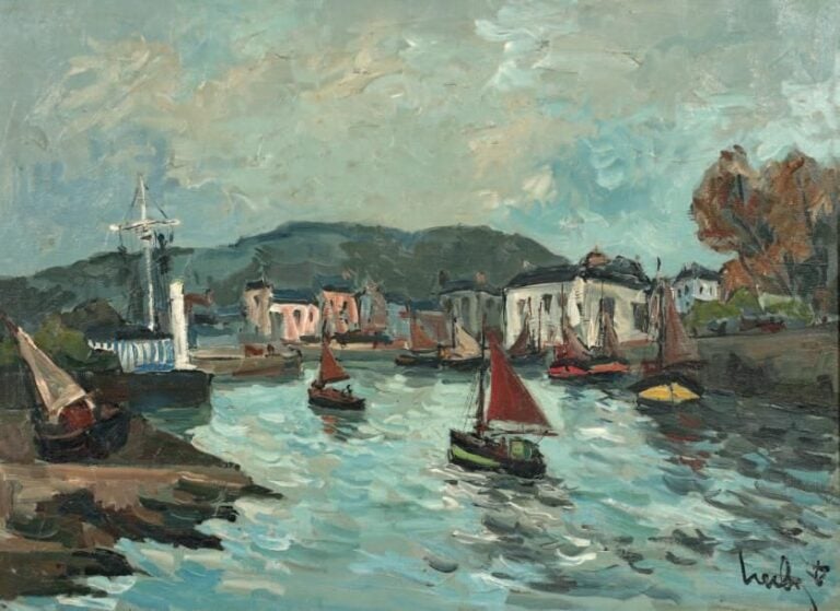 «VOILIERS DANS LE BASSIN» Huile sur toile, signée en bas à droite 60 x 81 cm
