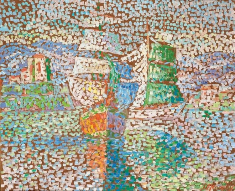Voiliers dans le port, 1973 Huile sur isorel, signée et datée en bas à droite 54,5 x 65 cm
