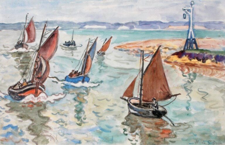 Voiliers et barques de pêcheurs Aquarelle, signée en bas à droite 30 x 45 cm
