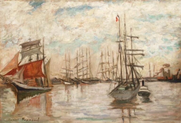 Voiliers Huile sur toile signée en bas à gauche 50 x 73 cm Exposition internationale de 1937