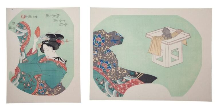Volume d'estampes intitulé: «Shodai Utamaro Toyokuni Uchiwae Imayo junikagetsu» (Impressions modernes sur éventail uchiwa pour les douze mois, par Utamaro Toyokuni I