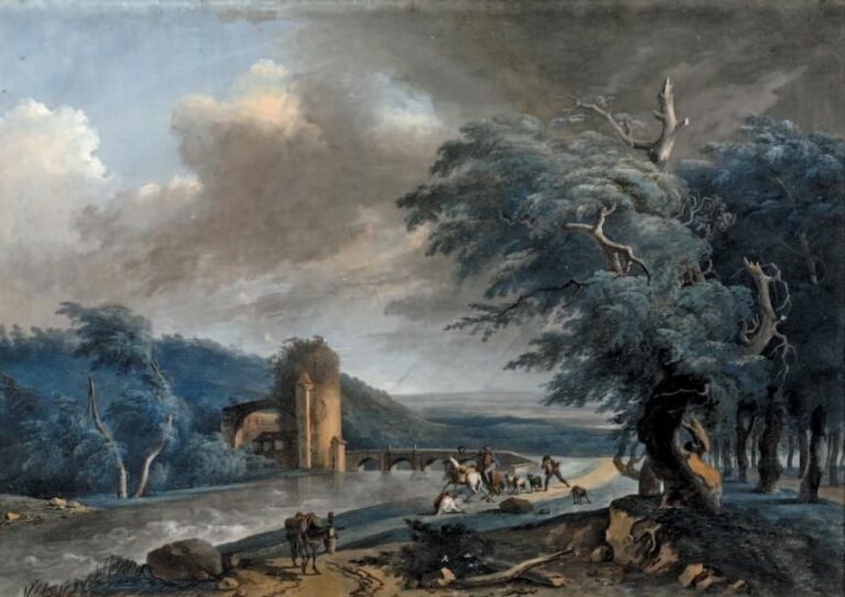 «Voyageurs au bord d'une rivière surpris par une bourrasque» Plume, lavis et aquarelle gouachée 38,5 x 54,5 cm(*)