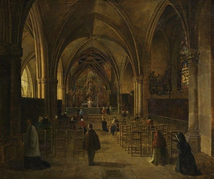 Vue d'intérieur d'église pendant la messe Huile sur toile (restaurations