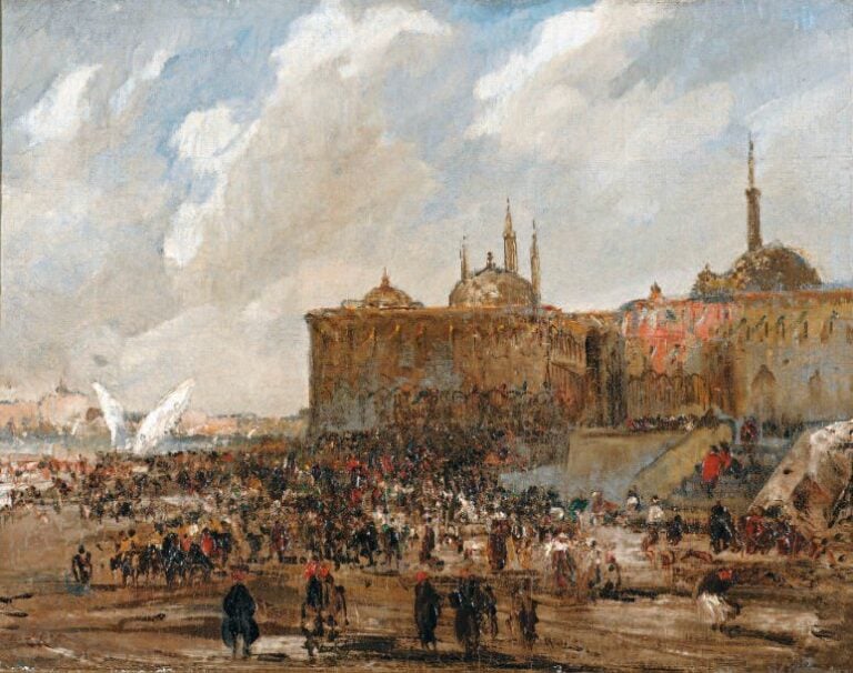 « Vue d'Istanbul - Mosquée et marché de Galata (?) » Huile sur toile, signée en bas à gauche 46 X 61 cm