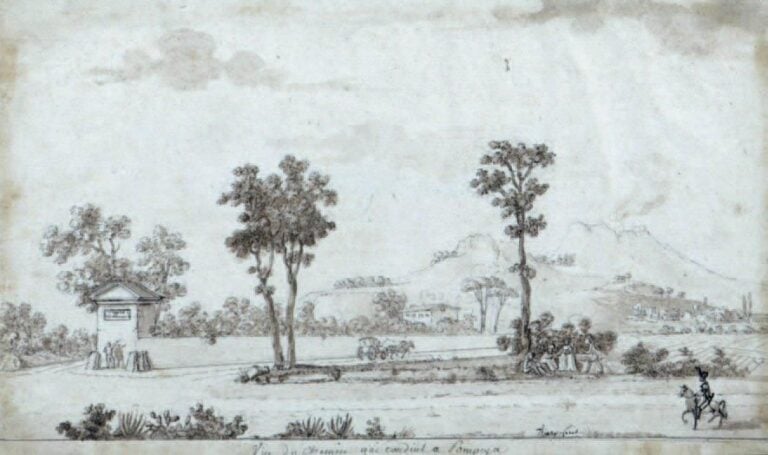 «Vue d'un chemin menant à Pompera» Plume et lavis brun Signé à la plume Thierry Féat en bas vers la droite 15,3 x 26 cm
