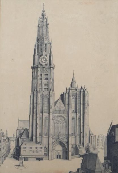 «Vue d'une cathédrale» Gravure en noir Signée Dumont en bas à gauche et datée 1849 46,9 x 32,4 cm