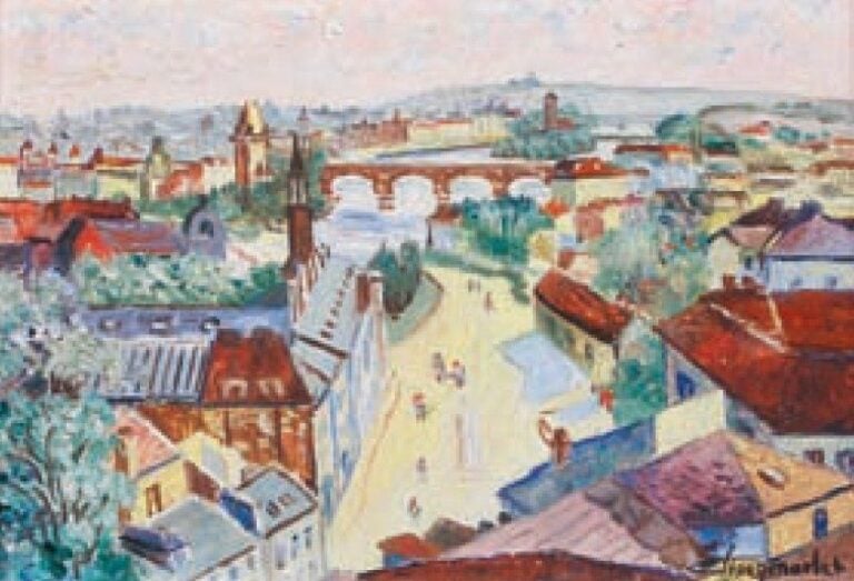 Vue d'une ville au bord d'un fleuve (Prague ?) Huile sur panneau, signée en bas à droite 18,5 x 26 cm