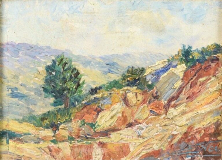 Vue de l'arrière-pays Huile sur carton Signée en bas à droite  15 x 20 cm
