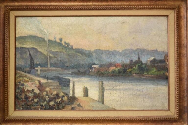 Vue de rivière Huile sur toile, signée en bas à gauche 38 x 61 cm