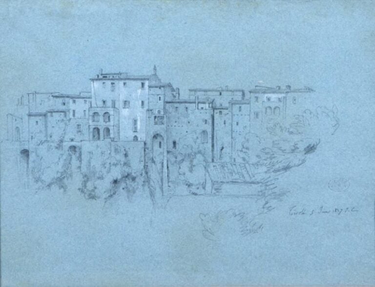 «Vue de Tivoli» Pierre noire et rehauts de blanc sur papier Monogrammé