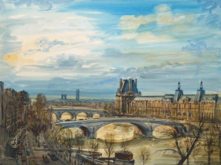 «Vue des bords de Seine à Paris avec le Louvre et le Pont du Carrousel» Lavis d'encre et aquarelle gouachée Signé en bas à droite 48 x 63 cm