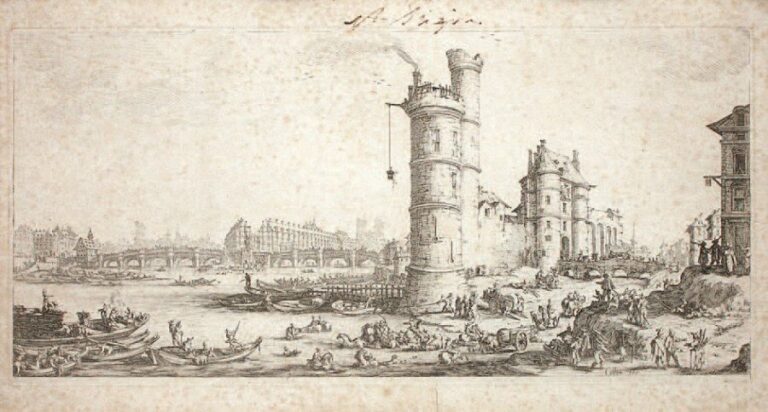 Vue des bords de Seine avec la tour de Nesles Gravure à l'eau-forte Signée dans la planche en bas à droite « Callot fe