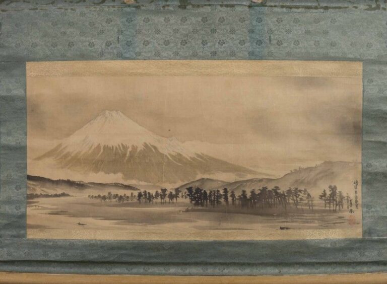 Vue du Mont Fujiyama par un début de Printemps Encre et lavis d'encre sur soie Montée en kakemono Datée titrée et signée en bas à droite: "30e année de l'ère Meiji [