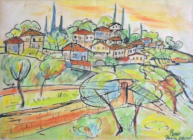 Vue du village Aquarelle et encre de chine signée et située en bas à droite 27 x 41 cm (à vue)