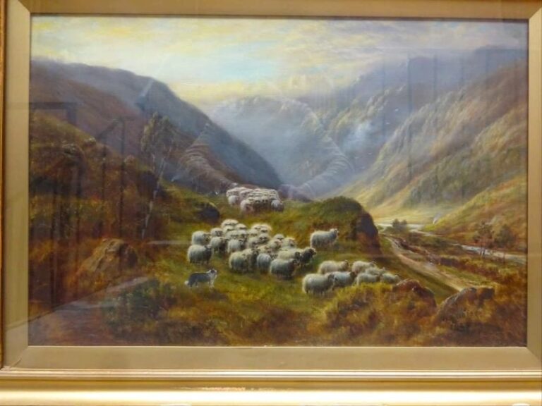 William WATSON (Actif XIXe-XXe siècle) Troupeau de moutons (mérinos) dans les Highlands Huile sur toile Signée et datée en bas à droite: 1924 51 x 69,5 cm