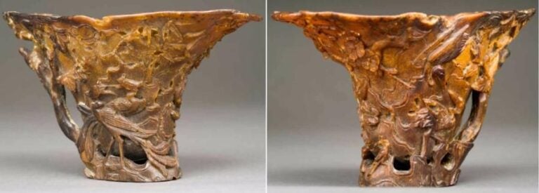 [+] [X] COUPE LIBATOIRE EN FORME DE FLEUR D'HIBISCUS SCULPTEE DANS UNE CORNE DE RHINOCEROS Chine, Dynastie Qing, Epoque XVIIIe siècle Sculptée à l'imitation d'une fleur d'hibiscus et à décor exécuté en différents reliefs et ajour